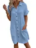 2026 Amazon Europa América Transfronterizo Casual Color Sólido De Botones Sencillos Longitud Media Manga Corta Holgado Vestido Casual Ropa para Mujer