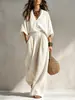 Conjunto de Lino Bohemio Europeo y Americano para Vacaciones Manga Corta con Escote en V Profundo Pantalones de Pierna Ancha Holgados Casual Conjunto de Dos Piezas Ropa de Mujer Transfronteriza