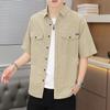 Sentido del Diseño Diseño de Cuadros Pequeños Sentido del Diseño Camisa de Ropa de Trabajo Transpirable Multibolsillos Moda para Hombre Combinable Camisa de Manga Corta de Cinco Puntos