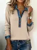 Estación Independiente de Ropa Europea y Americana 2025 Amazon Ins Cuello de Mezclilla Manga Larga Suéter Prendas de Punto Patchwork Top