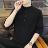 Camiseta de Algodón y Lino de Tres Cuartos para Hombre Verano Algodón Rayas Manga Corta Cuello Alto Manga de Cinco Cuartos Color Sólido Ropa para Hombre