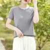 Nova moda de verão T-shirt versátil de gola redonda, manga curta, cor sólida, corte solto em Liocel, versão coreana, camiseta básica simples de cor sólida para mulheres