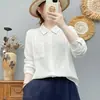 Camisa de manga larga de gasa de algodón de doble capa estilo japonés para mujer, suave y amigable con la piel, algodón puro, diseño de cuello alto, top con bolsillo grande