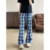 Pantalones de cuadros azules nuevos de verano para hombre y mujer, estilo fino, pantalones acampanados micro de la alta calle americana, pantalones deportivos casuales rectos