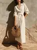 Outono/Inverno 2026 Estação Independente Europeia e Americana Estilo Casual de Férias Camisa com Amarração na Cintura Vestido de Manga Longa de Algodão e Linho para Mulheres