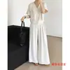 Conjunto Chique Coreano Relaxado Vintage com Decote V, Botões e Manga Curta + Calça Wide Leg Fluida Emagrecimento