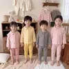 Pijama para niños, conjunto cálido de otoño e invierno para bebé, unisex de manga larga y pantalón largo, ropa de estar para niños, cárdigan con cuello