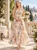 Vestido Largo Estilo Bohemio de Gasa Estampada con Tirantes Finos y Cuello en V Adelgazante Línea A Ropa Elegante para Mujer Vestido