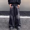 Jeans de Pierna Ancha Retro Americanos Transfronterizos de Peso Pesado con Lavado Patrón de Rayo Diseño de Flor de Lazo Pantalones de Pierna Ancha Sueltos Casuales