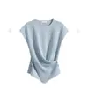 Camiseta tejida de seda helada de manga corta azul para mujer, nuevo estilo verano 2025, suéter irregular ajustado que moldea la cintura