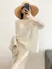 Top de punto ligero estilo coreano con rayas verticales huecas para mujer, nuevo en Verano 2026, cárdigan holgado, jersey de manga larga