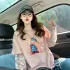 Camiseta holgada de algodón puro con empalme de encaje único para mujer, con un diseño de graffiti de princesa de dibujos animados, de longitud media, top elegante, estilo ins