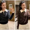 Suéter tejido a rayas retro para mujer, de manga larga, con una textura única, perfecto para principios de otoño, versátil tanto para el trabajo como para el uso casual.