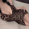 Verão Real Picante Charme Sexy Irmã Real Renda Costura Camisola Decote Baixo Estampa de Leopardo Minissaia vestido Cabelo