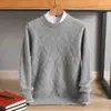 Suéter Masculino 100% Lã para Outono e Inverno, Gola Redonda, Grosso, Caimento Solto, Suéter de Tricô, Cor Sólida, Suéter Base