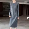 Vestido largo de punto acanalado 100% lana hasta la rodilla para mujer, cuello redondo, manga larga, jersey, vestido recto tipo tubo