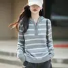 Moda Outono e Inverno: suéter de tricô listrado em blocos de cor com zíper parcial, suéter casual feminino de gola alta, manga longa, caimento solto