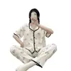 Algodón de Nube Verano Nuevo Cárdigan Solapa Manga Corta Pantalones Chica de Dibujos Animados Dulce Hogar Atuendo traje Pijama