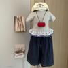 Traje de Verano para Niñas de Jeans con Mangas Cortas, Nuevo Estilo Camiseta de Cuadros con Encaje Piernas Anchas