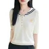 Camiseta Blanca de Manga Corta con Cuello Marino para Mujer, Nuevo Estilo Verano 2026, Elegante y Adelgazante, Top de Punto Versátil