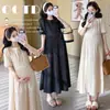 Vestido de Maternidad 2026 Verano Nuevo Estilo Holgado Plisado Cuello Redondo Simple Estilo Artístico Elegante Suave Casual Versátil