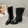 Moda Tallas Grandes Estilo Retro Hebilla Botas Altas Mujer Otoño Invierno Tacón Grueso Versátiles Botas de Jinete Adelgazantes Botas de Mujer Botas de Moda