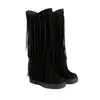 Tamanhos 35-44 Estilo Europeu e Americano Impermeável Plataforma Salto Anabela Antiderrapante Botas Outono e Inverno com Franjas Tamanho Grande Bico Redondo Cano Alto Femininas Slip-On