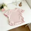 Camiseta de Manga Corta con Volantes para Niña, Camiseta Base de Canalé Elástico Multicolor de Verano, Ropa Versátil para Niños, Disponible para Dropshipping