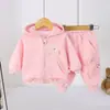 Conjunto Esportivo Fofo com Capuz de Coelho Estilo Coreano para Meninas Jaqueta com Barra de Renda Calças Jogger Conjunto de Duas Peças Solto para Meninas Outono