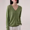 Cárdigan de punto retro de una sola línea sin costuras con cuello en V para mujer, nuevo modelo 2026, chaqueta suéter de lino Tencel verde, top fino