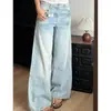 Comercio transfronterizo jeans de mezclilla azul claro para mujeres petite bigotes de gato estilo nuevo buena caída pierna recta pierna ancha pantalones un metro sueltos división