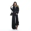 Colección nueva otoño/invierno 2026 transfronteriza: Conjunto de mezclilla negro y dorado resistente al color para mujer, que incluye un top y pantalones de pierna ancha de corte recto