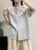 Camisa Fresca de Renda com Gola Babado Estilo Japonês de Manga Curta para Mulheres, Novo Top Doce de Verão com Mangas Bufantes Juvenil