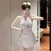 Traje de baño de una pieza conservador con cara sonriente para mujer, cuello colgante, corte entallado, adelgazante, estilo falda para vacaciones en la playa y aguas termales, traje de baño fresco