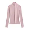 Camiseta de Manga Larga con Cuello Alto Cruzado Trenzado Estilo Francés para Mujer, Otoño Ajustada Adelgazante Diseño de Nicho Camiseta Base Superior