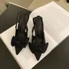 Sandalias vintage de tacón alto estilo francés para mujer, punta fina con lazo dulce, correa trasera poco profunda, tacón fino, zapatos elegantes y con estilo
