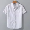 Camisa de Manga Corta de Algodón Lino para Hombre Verano Viento Lino Casual Color Sólido Simple Cuello Pequeño Top para Hombre