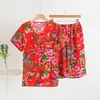 Conjunto de Camiseta y Shorts de Verano Floral para Mujer del Noreste, Algodón Seda Casual Versátil Delgado Ropa de Casa Conjunto de Dos Piezas