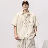 Camisa de Trabajo Retro Americana de Verano 2024 para Hombre, Manga Corta, Multibolsillos, Corte Holgado, Camisa Versátil, Top Casual para Exteriores