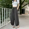 Calças largas estilo lanterna de algodão e linho com renda emendada estilo coreano para mulheres, finas de verão, cintura alta, soltas, curtas, casuais, bloomers