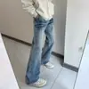 Estilo Vibe de la Calle Principal Americana Diseño de Nicho Agrietado Rayo Jeans Azul Claro Lavado Pantalones Largos Ligeramente Acampanados para Hombre