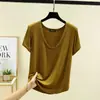 Camiseta básica de manga corta de color liso para mujer, top fino de modal para verano con cuello en U y manga corta, talla grande versátil y holgada