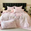 Sin pelusa~ Juego de cuatro piezas engrosado para otoño e invierno, algodón de fibra larga, cepillado, con estampado digital de estilo pastoral, juego de ropa de cama de algodón puro