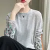 Camiseta base de seda de manga larga bordada estilo chino de alta resistencia, chic de lana para mujer con cuello redondo adelgazante, elegante y versátil, principios de otoño 2025