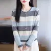 Cárdigan a rayas azul claro y gris transfronterizo, suéter retro de cuello redondo con bloques de color para mujer, estilo suave, adecuado para figuras petites, prenda exterior de punto