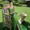 Vestido de Malla con Tirantes y Cuello Francés Verde para Mujer Verano 2025 Nuevo Vacaciones en la Costa Cintura Delgada Falda Larga