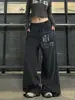 Calça Esportiva Estilo Casual de Rua Americana, Calça de Perna Larga com Estampa Preta para Mulheres, Solta e Versátil, Calça Longa Fluida
