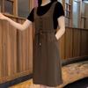 Vestido de moda transfronterizo de dos piezas falsas que reduce la edad Nuevo Top de manga corta estilo occidental Cuello redondo Popular Popular en Internet Tendencia de largo medio