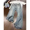Calça jeans masculina slim fit azul com estampa de raios estilo americano, calça de perna reta curvada com leve boca de sino