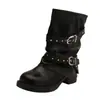 Pantalones Negros con Remaches Estilo Punk Retro Botas para Piernas Mujer 2026 Nuevas Botas de Caballero de Otoño Tacón Grueso Adelgazantes Botas Cortas a Media Pantorrilla